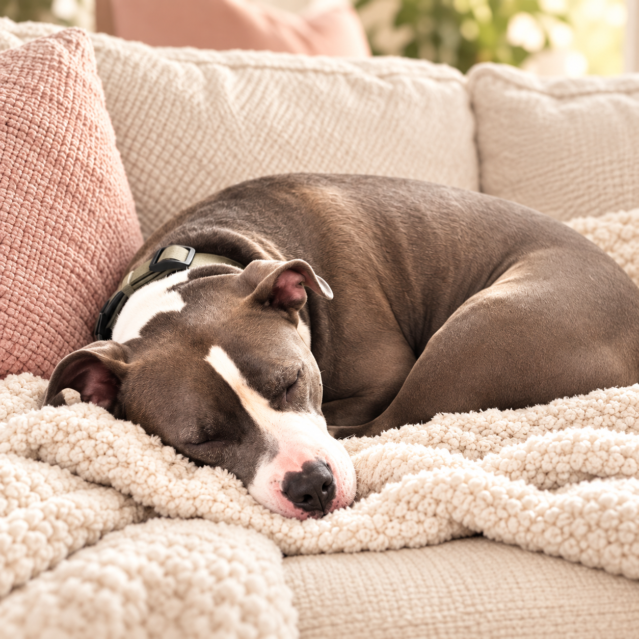 Gunner curled up asleep on a cream blanket at home