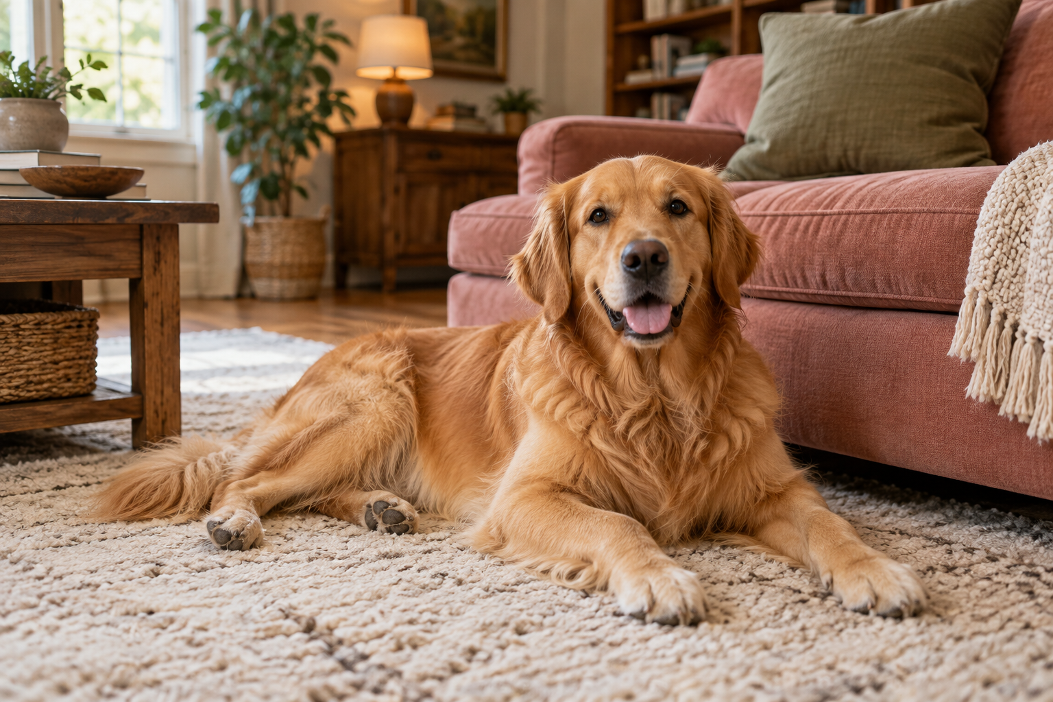 A dog resting comfortably on a rug in a warm, familiar home